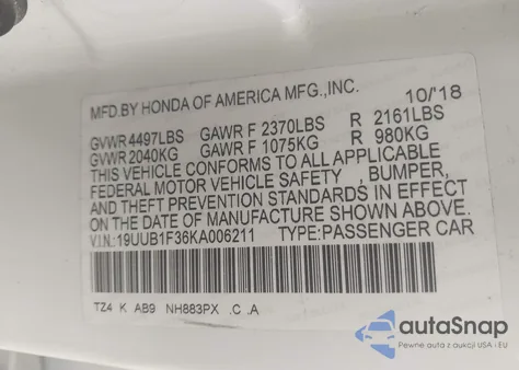 2019 Acura Tlx Standard из США, поврежденный, VIN 19UUB1F36KA006211